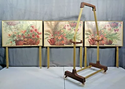 3 Vintage Folding TV Trays Tables With Storage Rack Mid Century Modern Flowers • $119.95