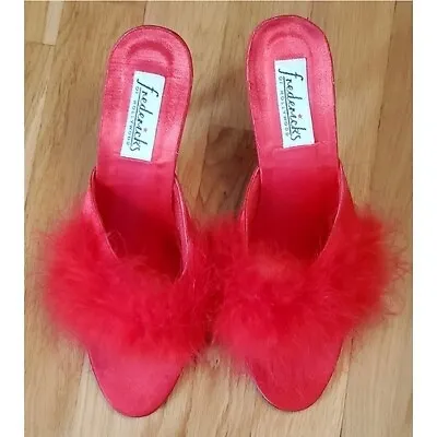 Vintage Fredericks Of Hollywood Glamour Girl Women's Size 8 Red Marabou Slippers • $60