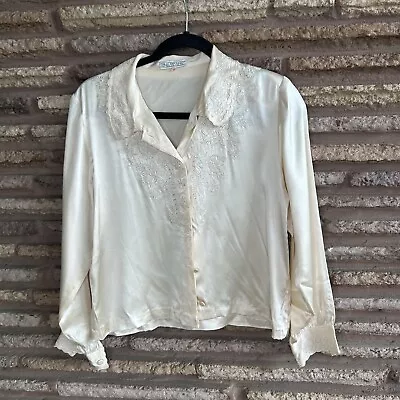 Silk Brand Vintage Ivory Hand Embroidered 100% Silk Blouse • $29