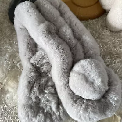 Light Gray- Knit Real Rex Rabbit Fur Collar  Scarf Wrap Neck Warmer W Fur Ball • $13.50