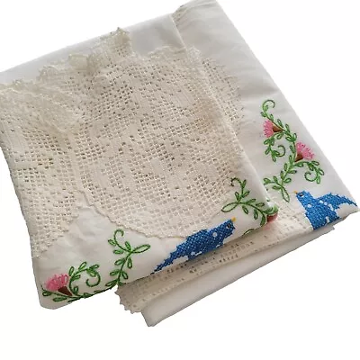 Set 2 Vintage ITALIAN White Linen Embroidered King Pillowcases Blue Bird Floral • $50