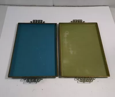 Set Of 2 Vintage MCM Moire Glaze Kyes Green & Blue Greek Key Metal Trays • $40