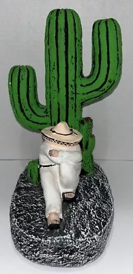 Mexican Statue Siesta Man Sleeping Against Cactus Wearing Sombrero Unique • $19
