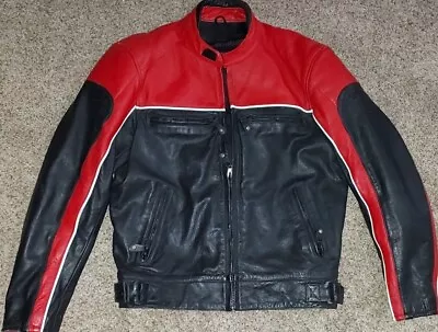 Vintage RAIDER Black Red Motorcycle RACING Biker Leather Bomber Jacket Mens 46 • $200
