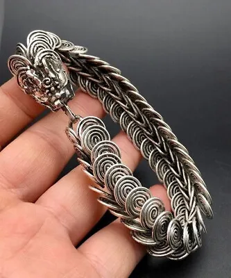 Pure Sterling Silver Band Men Women Lucky Gift Carved Dragon Bracelet • $35.99