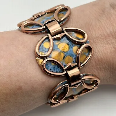 Vintage MCM Matisse Copper Guinevere Blue Gold Enamel Oval Panel Link Bracelet • $62