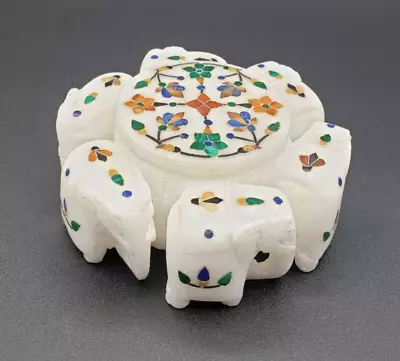 White Marble Trinket Box With Lid Carved Elephants Inlaid Semi-Precious Stones • $39.95