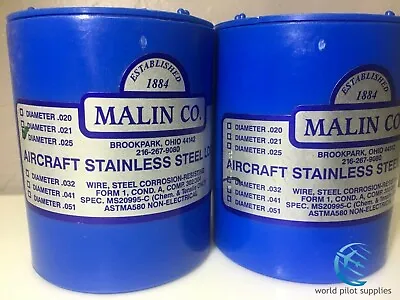 2 MALIN AVIATION S/S AIRCRAFT SAFETY WIRE 1lb Roll Of Both .025 & .032 W/ Certs • $39.99