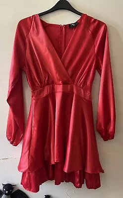 Ax Paris Size 12 Stunning Sexy Red Satin V Neck Layered Evening Party Dress • £12.99
