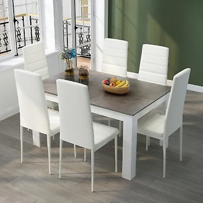 Mondeer Wooden Dining Table Set Grey And Oak With 6 Faux Leather Chairs Kitchen • £152.99