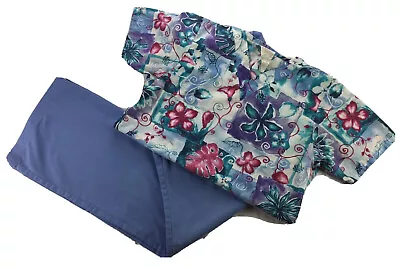 Women’s Scrub Set Size XS  Blue Floral Top With Ceil Blue Drawstring Bottoms • $17.99