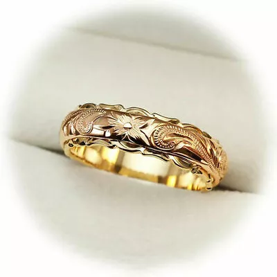 £8.49 • Buy ❤️ Ring Size N 9ct Gold Finish Silver Carved Flower 2 Tone Band Birthday Gift ❤️