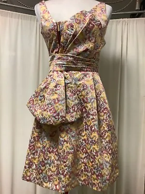 ZAC POSEN Target Floral Yellow Purple Gold Brocade Bow Sleeveless Dress Pockets  • $35