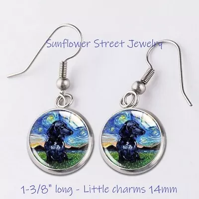 Starry Night Dachshund Earrings Dog Earrings Glass Dome Cabochon Art Print 03114 • $14.98