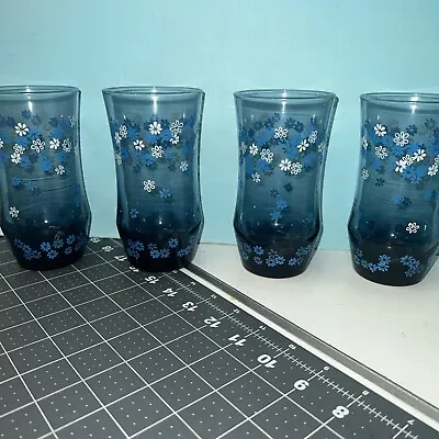 Vintage (4) Libbey Crazy Daisy Blue Spring Daisy Drinking Glasses • $29.99