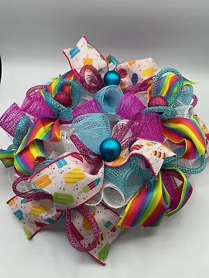 Handmade Mesh Ribbon Ice Cream Popsicle Wreath Pink Blue Rainbow Summer Decor • $11.99