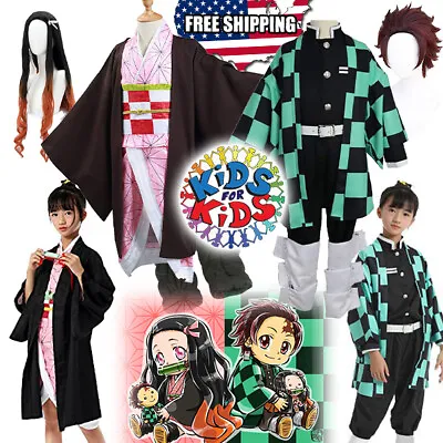$39.99 • Buy Demon Slayer Cosplay Kids Kimetsu No Yaiba Outfits Girls Boys Sword Wig Costume