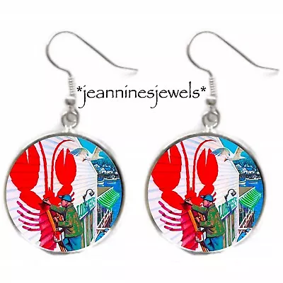 Maine Lobster EARRINGS Vintage Travel Graphic Art Print Silver Charm Dangle • $21.99