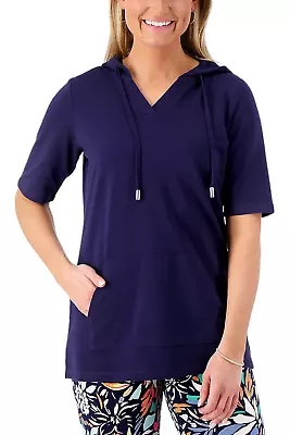 Denim & Co. Active French Terry Hooded V-Neck Tunic Navy • $22.99