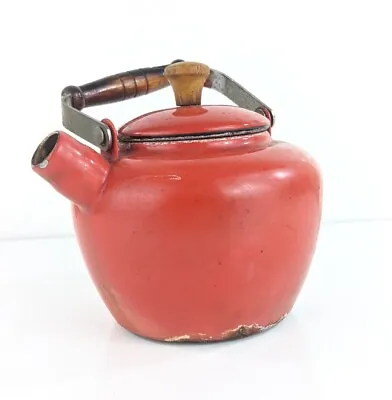 Vintage Red Enamel Coffee/Tea Pot Wood Handle Rustic Farmhouse Style • $11.19
