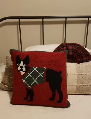 Macys Martha Stewart Hooked 18 X 18 Red Green Boston Terrier Christmas Pillow • $12.75