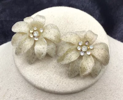 Vintage Costume Large Tan Rubber-Plastic Rhinestone Floral Clip Earrings R397 • $5.99