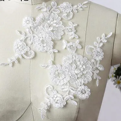 Ivory Bridal Lace Applique Embroidery Costume Motif Wedding Dress DIY Trim 1Pair • £2.99