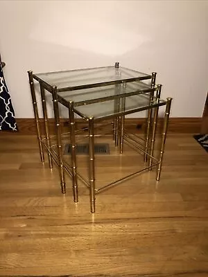 MCM Hollywood Regency Brass Glass Bamboo Nesting End Side Gold Accent Tables • $399.99