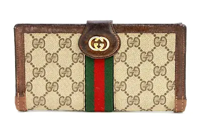 Gucci Vintage Wallet Bifold Long Purse Sherry GG Supreme PVC Brown Authentic • $116.99