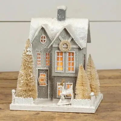 $82.99 • Buy Snow Covered Soft Grey Gabled Christmas Village House With Deer