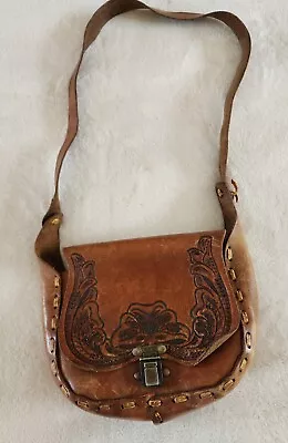 70s Vintage Tooled Leather Purse Shoulder Bag Western Rustic • $30