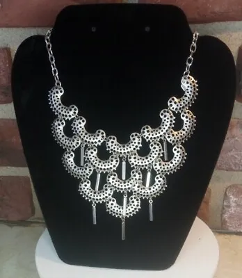 Vintage Signed Sarah Coventry Layered Bib Necklace Silver Tone 16   Adjustable  • $20