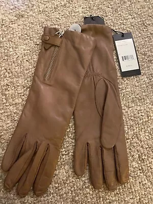 Tumi Tan Brown Leather Ladies Gloves Zipper Trim Sz 8 • $155