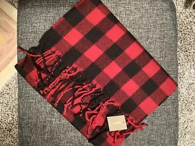 JCREW Wool Scarf Buffalo Check Plaid Red Black Merino Lambswool Muffler Wrap NWT • $25