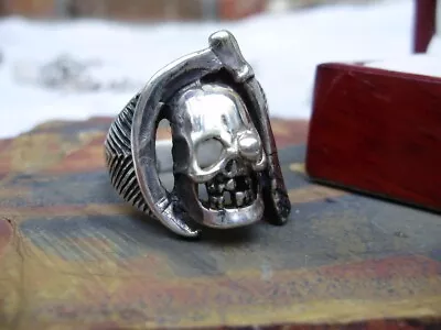 Old English Grim Reaper Vintage Sterling Silver Skull Ring Sz 11 Birmingham • $44.30