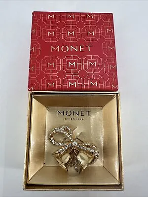 Monet Enamel Goldtone Bow Bells Gold Clear Rhinestones Pin Brooch • $11.95