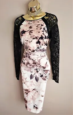 New Karen Millen Mink Ivory Floral Lace Sleeve Bodycon Evening Dress 12*Heels Ls • £13.99