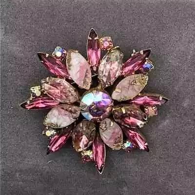 Vintage Pink Molded Art Glass Brooch AB Rhinestones Gold Tone 2 Inch • $26