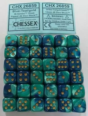 Chessex Dice D6 Sets: Gemini Blue / Teal W/ Gold 12mm Six Sided Die 36 CHX 26859 • $13.49