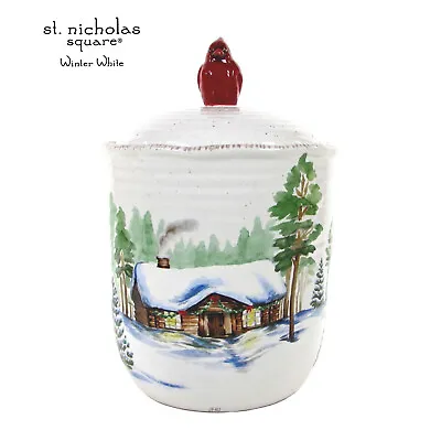 St. Nicholas Square WINTER WHITE 12  Cookie Jar Forest Cabin Deer Cardinal Mint • $49.95