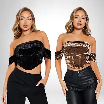 Bardot Crushed Velvet Corset Crop Top Drape Detail - I Saw It First • £17.95