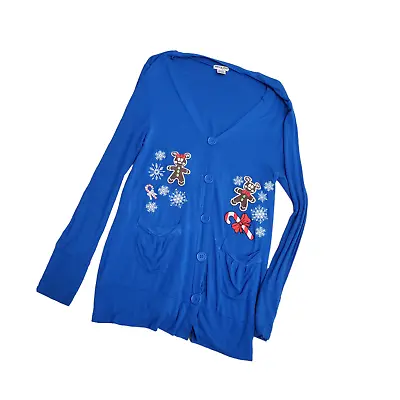 Mickey Minnie Mouse Gingerbread Snowflake Candy Cane Cardigan Blue Jr Size L • $28.99