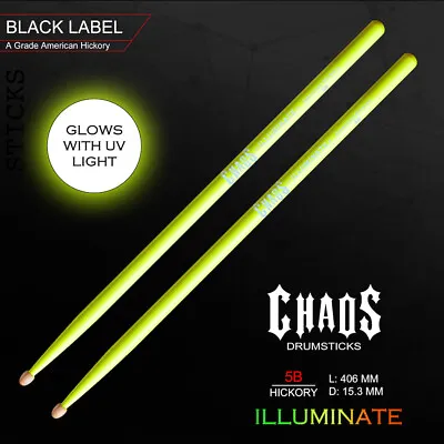 $60 • Buy Drum Sticks Chaos Illuminate 5b Drumsticks – 3 Pairs Fluro Yellow - Glow In Dark
