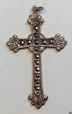 Vintage THEDA Sterling Silver Marcasite Cross 1.5  Pendant Christian Religious • $25