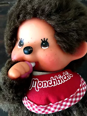 Vintage 8  Monchhichi Monkey Red Check Bib Thumb Pacifier • $16.95