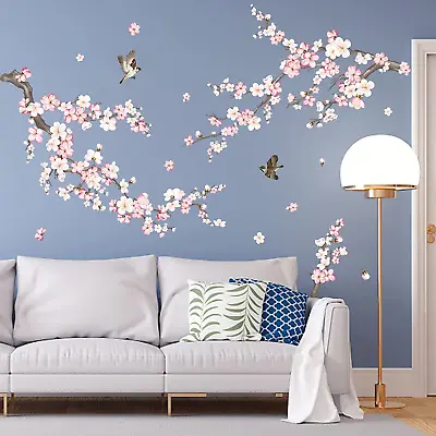 Wondever Cherry Blossom Wall Stickers Pink And White Flower Tree Branch Peel And • $24.25
