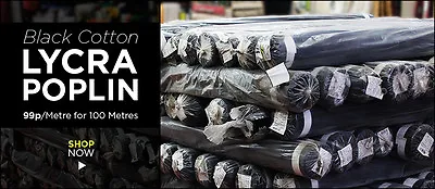 Black Cotton Lycra Poplin 100 Metre Roll - Works Out To .99p A Metre! • £99