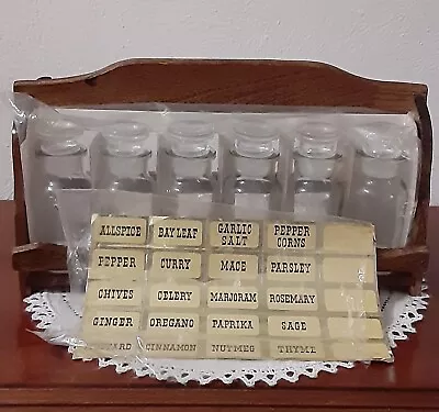 VINTAGE Wooden Spice Rack W/6 Jars Okubo Glass Tokyo Japan W/Jar Labels • $25.50