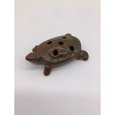 Vintage Ceramic Art Pottery Turtle Shaped Flower Frog 5 Hole Green & Orange MCM • $29.99