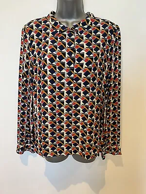 Retro Print Blouse Shirt 70's Style Red & Blue Geometric Print Size 14 Tunic • £17.99